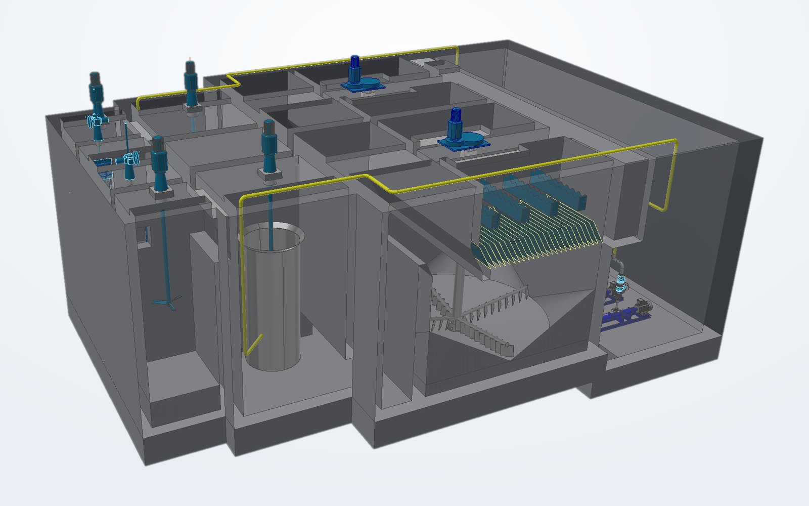 UPPCoFlo design model: the cylinder in the flocculation zone is the UPP-Co-Tube. Its diameter, height and clearance off the floor are set for the tank, not taken from a catalogue.
